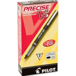 Pilot Precise V5 Rollerball Pen, Stick, Extra-Fine 0.5 mm, Black Ink, Black/Clear Barrel, Dozen