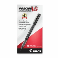 Pilot Precise V5 Rollerball Pen, Stick, Extra-Fine 0.5 mm, Black Ink, Black/Clear Barrel, Dozen