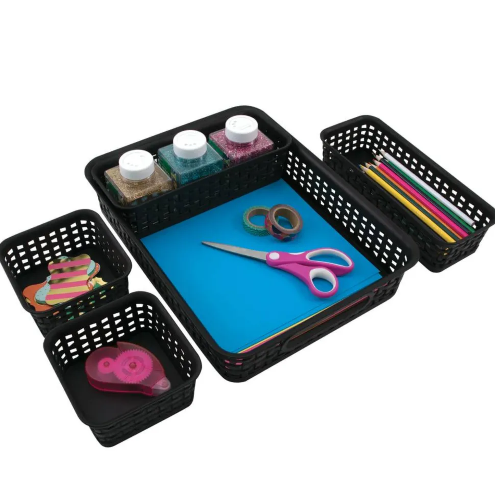 Plastic Weave Bin Set, Assorted Sizes, Black, Pack Of 5