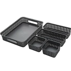 Plastic Weave Bin Set, Assorted Sizes, Black, Pack Of 5