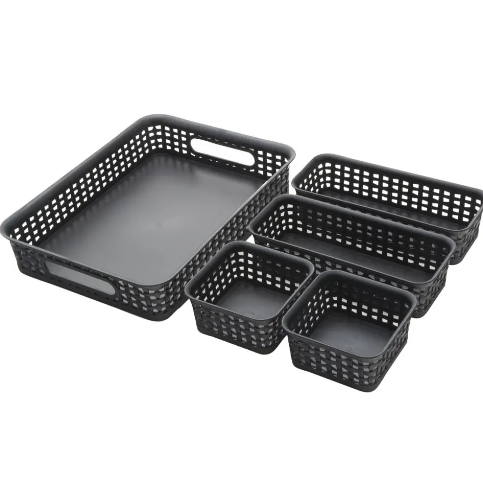 Plastic Weave Bin Set, Assorted Sizes, Black, Pack Of 5