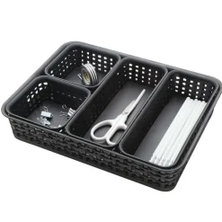 Plastic Weave Bin Set, Assorted Sizes, Black, Pack Of 5