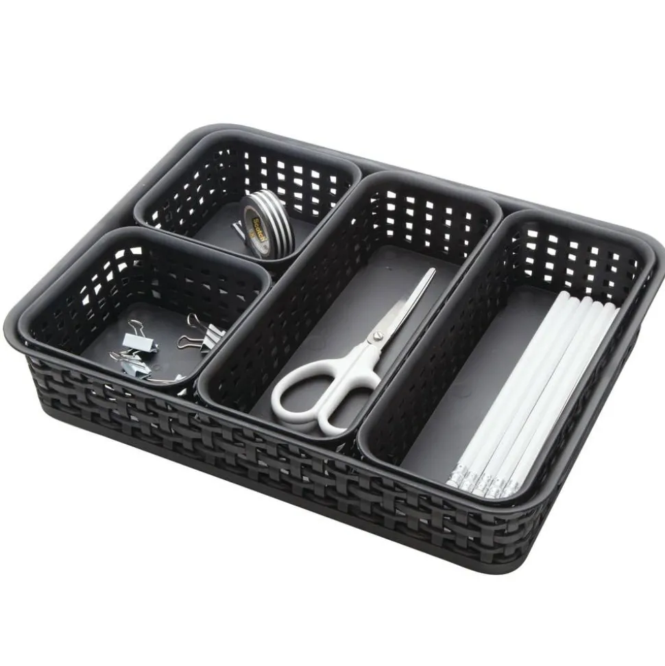 Plastic Weave Bin Set, Assorted Sizes, Black, Pack Of 5