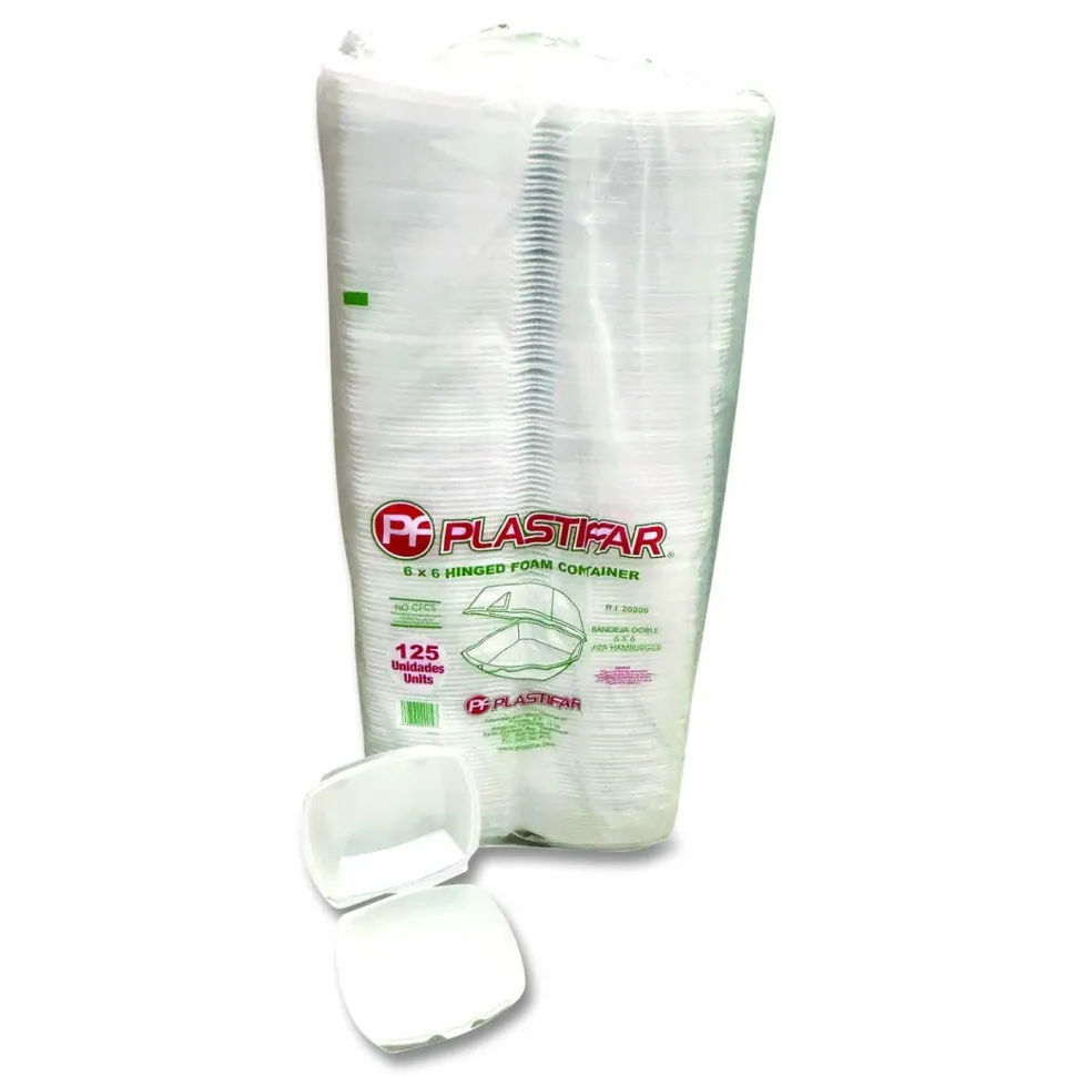Plastifar Foam Hinged Lid Containers, 6 x 6 x 3, White, Foam, 500/Carton