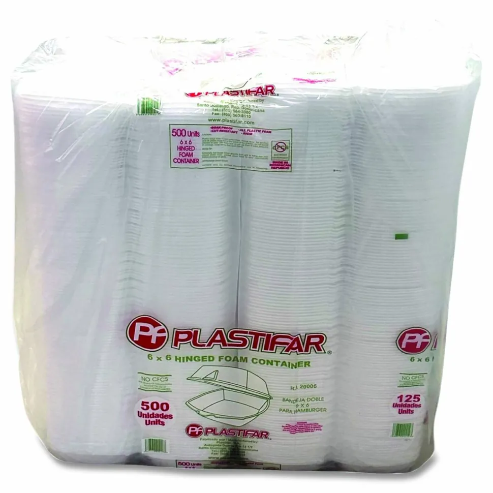 Plastifar Foam Hinged Lid Containers, 6 x 6 x 3, White, Foam, 500/Carton