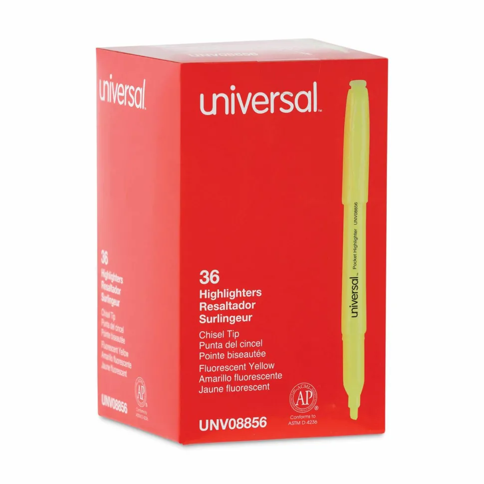 Pocket Highlighter Value Pack, Fluorescent Yellow Ink, Chisel Tip, Yellow Barrel, 36/Pack