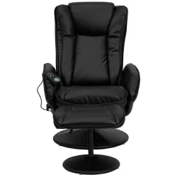 Poppy Massaging Multi-Position Plush Recliner with Side Pocket and Ottoman in Black LeatherSoft