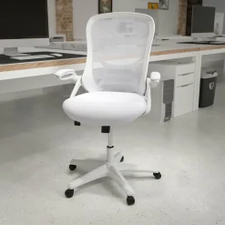 Porter High Back White Mesh Ergonomic Swivel Office Chair with White Frame and Flip-up Arms