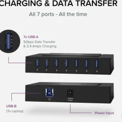 7 Port USB Charging Hub for Laptops with USB-C or USB 3.0