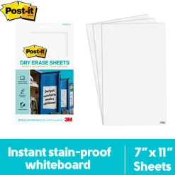 Post-it Dry Erase Sheets, 7 in x 11.3 in, 1 Pack, 3 Sheets/Pack, White, DEFSHEETS-3PK