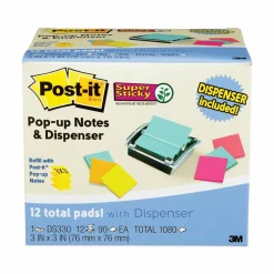 Post-it Note Dispenser, 3 x 3 in, 12 Sticky Note Pads, 90 Sheets/pad, Sticky Note Holder, Black Base, Clear Top, Classroom or Office Supplies