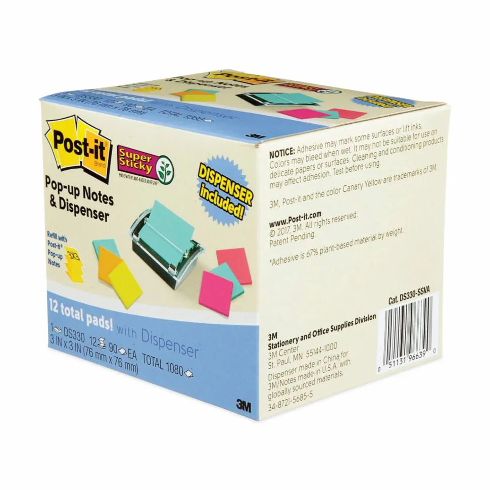 Post-it Note Dispenser, 3 x 3 in, 12 Sticky Note Pads, 90 Sheets/pad, Sticky Note Holder, Black Base, Clear Top, Classroom or Office Supplies