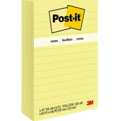 Post-it Notes, 4 in x 6 in, 5 Pads, 100 Sheets/Pad, Lined, Clean Removal, School Supplies and Office Products, Canary Yellow