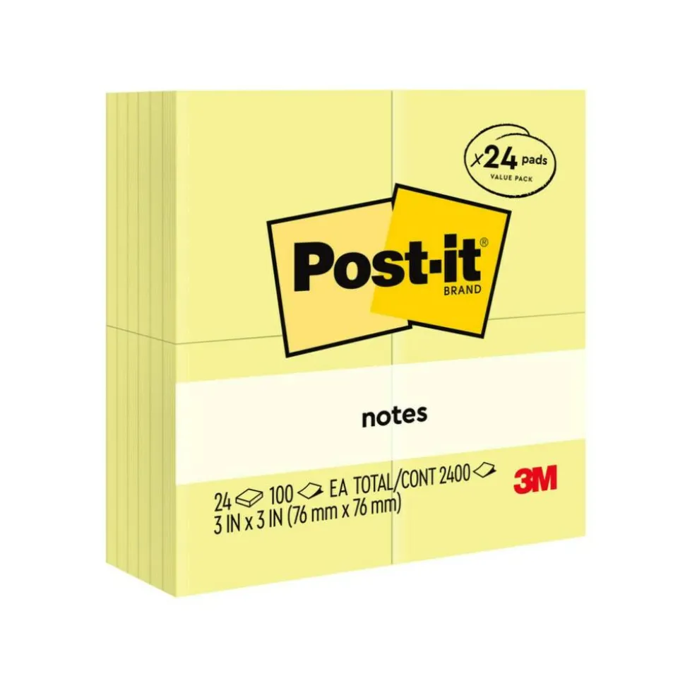Post-it Notes, 3" x 3", 24 Bulk Note Pads, 100 Sheets/Pad, School Supplies & Office Products, The Iconic Canary Yellow Note, 65424VAD