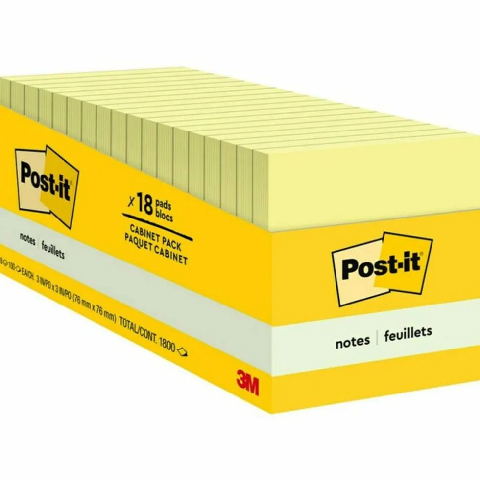 Post-it Notes, 3" x 3", Canary Yellow, 90 Sheets, Pack Of 18 Pads