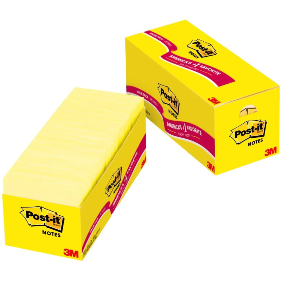 Post-it Notes, 3" x 3", Canary Yellow, 90 Sheets, Pack Of 18 Pads
