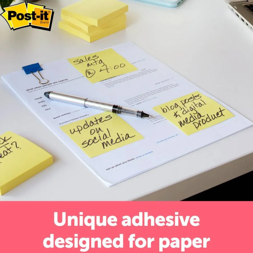 Post-it Notes, 3" x 3", Canary Yellow, 90 Sheets, Pack Of 18 Pads