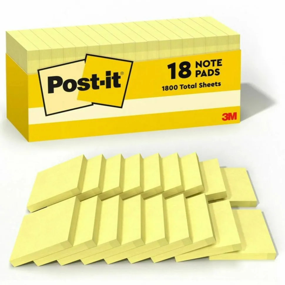 Post-it Notes, 3" x 3", Canary Yellow, 90 Sheets, Pack Of 18 Pads