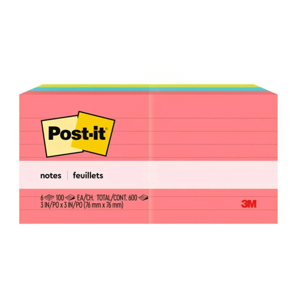Post-it Notes, 3 x 3 in, 6 Lined Sticky Note Pads, 100 Sheets/Pad, Office Products, Notes for Vertical Surfaces and Monitors, Poptimistic