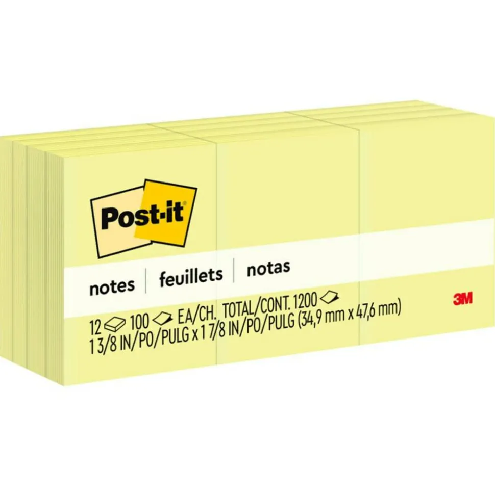 Post-it Notes, 1.38 x 1.88 in, 12 Mini Sticky Note Pads, 100 Sheets/Pad, School Supplies and Office Products, The Iconic Canary Yellow Note