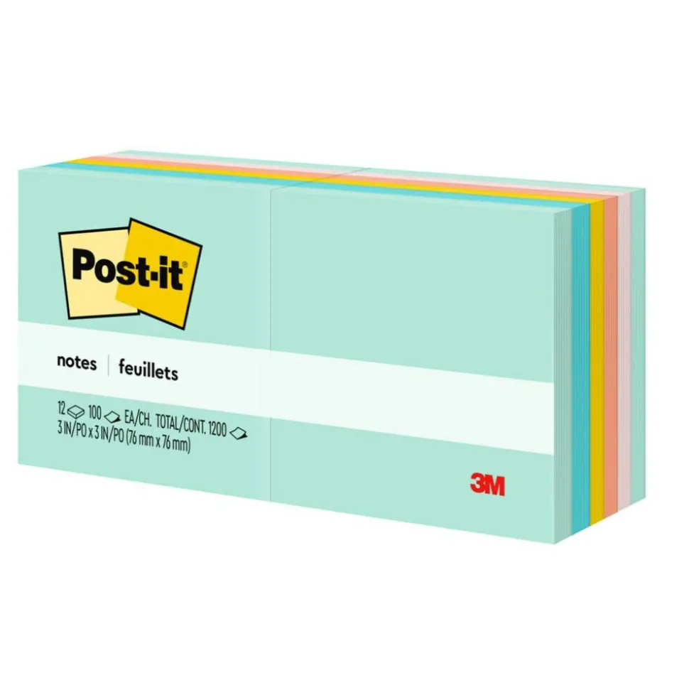 Post-it Notes, 3 x 3 in, 12 Sticky Note Pads, 100 Sheets/Pad, School Supplies and Office Products, Beachside Café