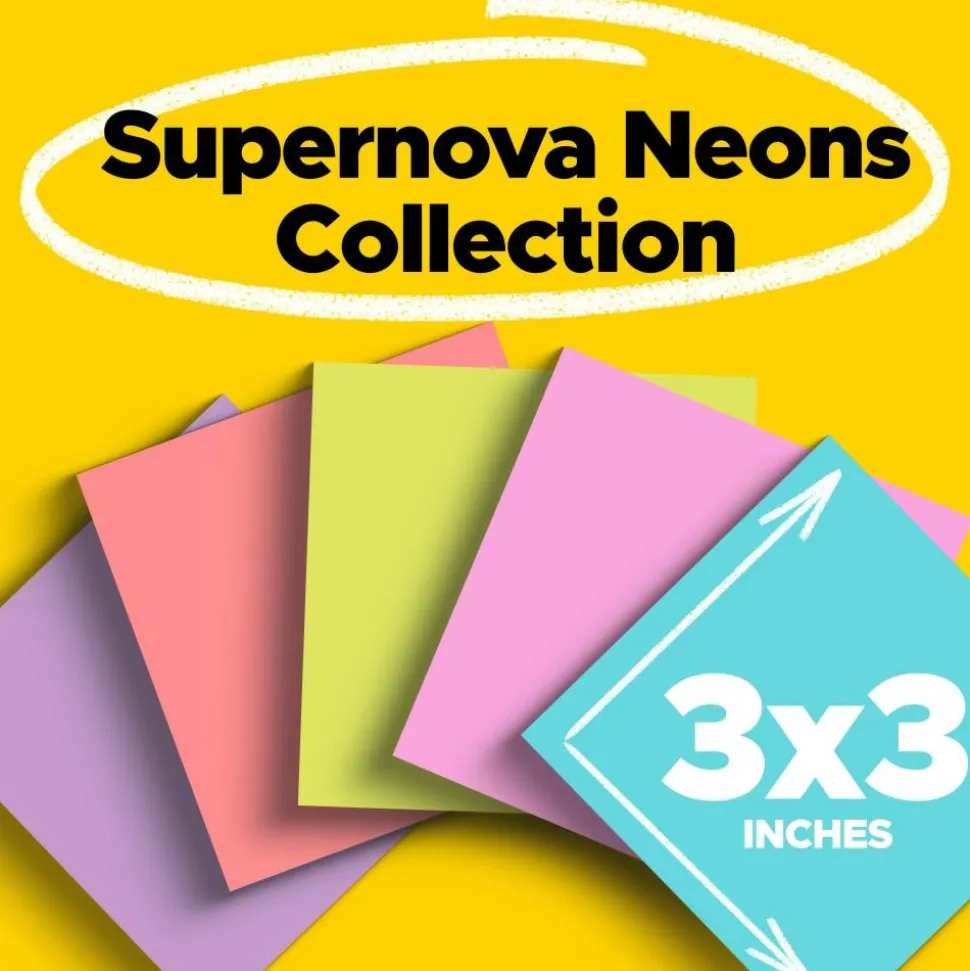 Post-it Super Sticky Notes, 3 x 3 in, 5 Sticky Note Pads, 90 Sheets/Pad, 2X the Sticking Power, School Supplies and Office Products, Supernova Neons