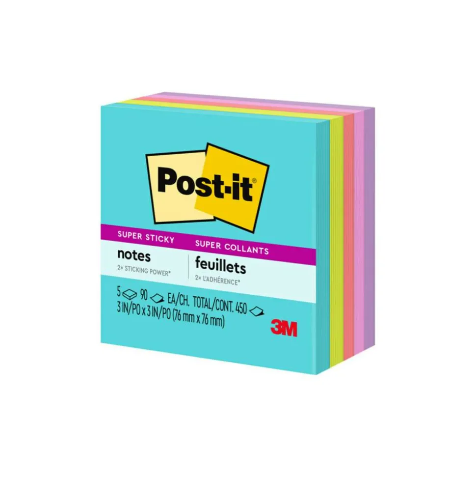 Post-it Super Sticky Notes, 3 x 3 in, 5 Sticky Note Pads, 90 Sheets/Pad, 2X the Sticking Power, School Supplies and Office Products, Supernova Neons