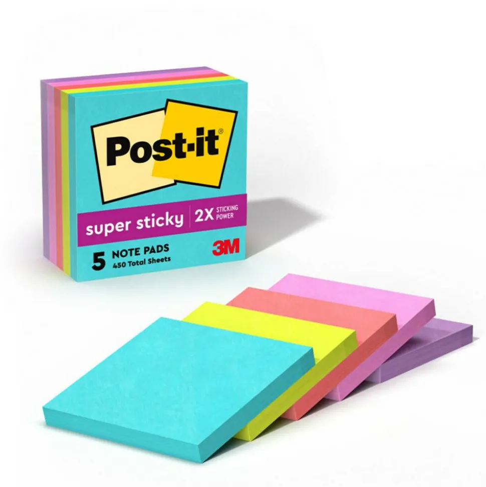 Post-it Super Sticky Notes, 3 x 3 in, 5 Sticky Note Pads, 90 Sheets/Pad, 2X the Sticking Power, School Supplies and Office Products, Supernova Neons