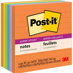 Post-it Super Sticky Notes, 4 in x 4 in, 6 Pads, 90 Sheets/Pad, Lined, 2x the Sticking Power, School and Office Supplies, Sticky Notes for Surfaces