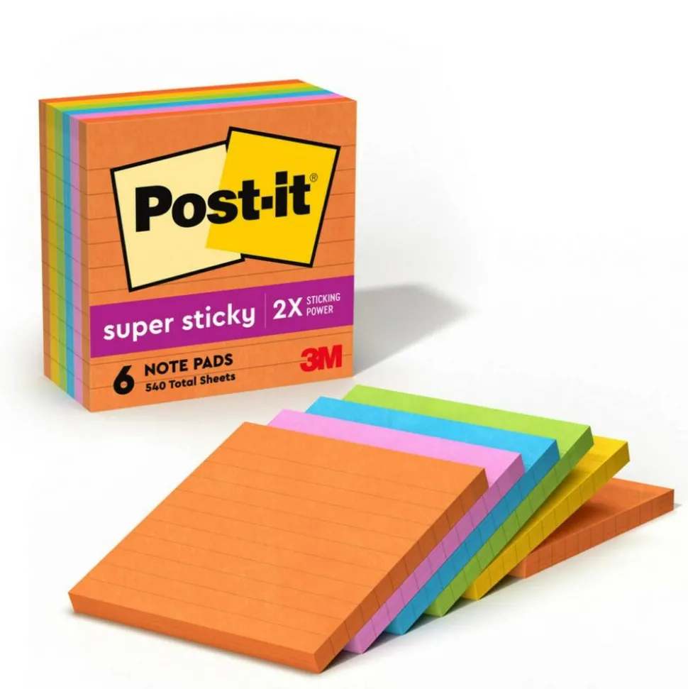 Post-it Super Sticky Notes, 4 in x 4 in, 6 Pads, 90 Sheets/Pad, Lined, 2x the Sticking Power, School and Office Supplies, Sticky Notes for Surfaces