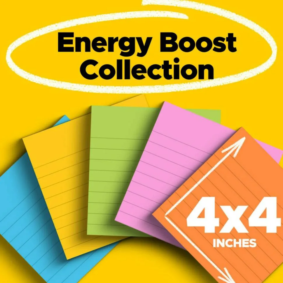 Post-it Super Sticky Notes, 4 in x 4 in, 6 Pads, 90 Sheets/Pad, Lined, 2x the Sticking Power, School and Office Supplies, Sticky Notes for Surfaces
