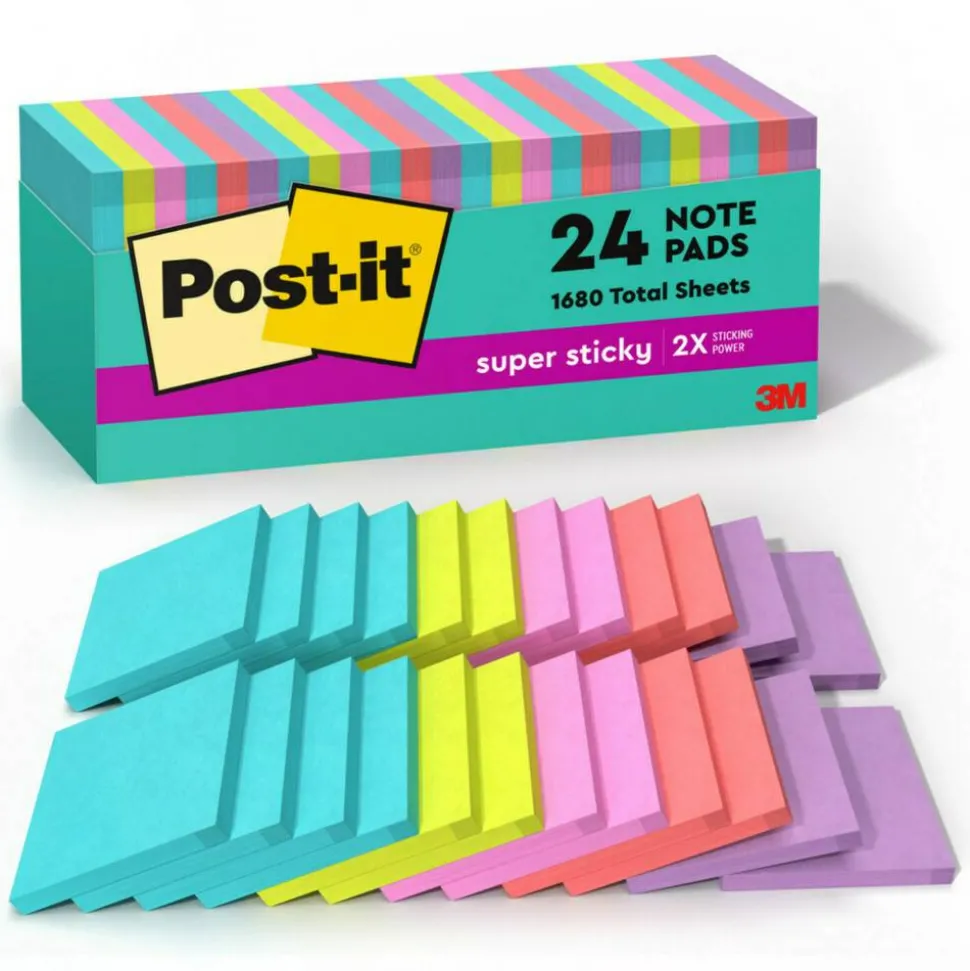 Post-it Super Sticky Notes, 3 x 3 in, 24 Bulk Sticky Note Pads, 70 Sheets/Pad, 2X the Sticking Power, School Supplies, Supernova Neons