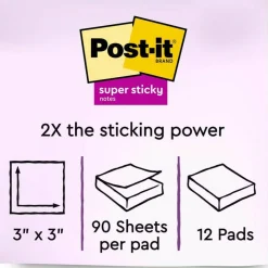 Post-it Super Sticky Notes, 3 x 3 in, 12 Sticky Note Pads, 2X the Sticking Power, School Supplies and Office Products, Supernova Neons