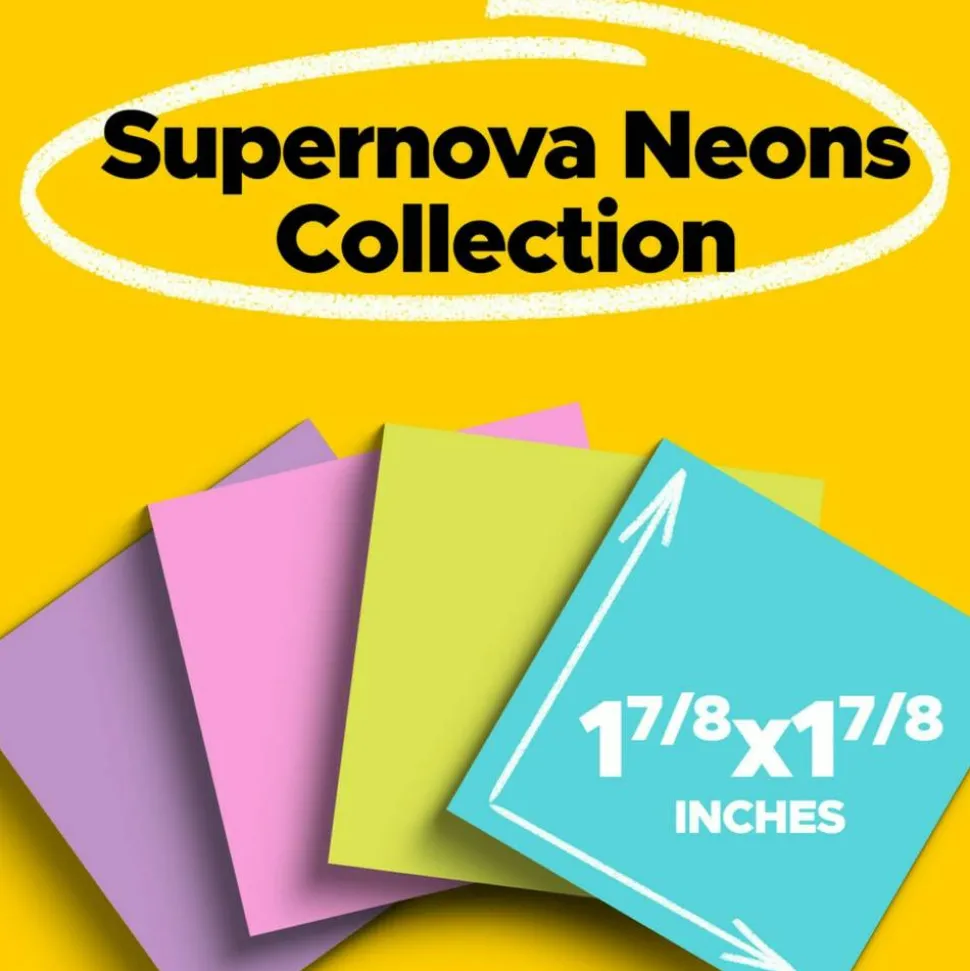 Post-it Super Sticky Notes, 1.88 x 1.88 in, 8 Mini Sticky Note Pads, 90 Sheets/Pad, 2X the Sticking Power, School Supplies, Supernova Neons