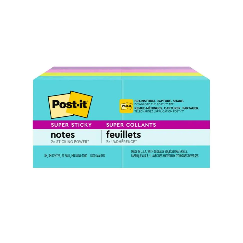 Post-it Super Sticky Notes, 1.88 x 1.88 in, 8 Mini Sticky Note Pads, 90 Sheets/Pad, 2X the Sticking Power, School Supplies, Supernova Neons