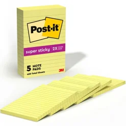 Post-it Super Sticky Notes, 4 x 6 in, 5 Lined Sticky Note Pads, 90 Sheets/Pad, 2X the Sticking Power, School and Office Supplies, Canary Yellow