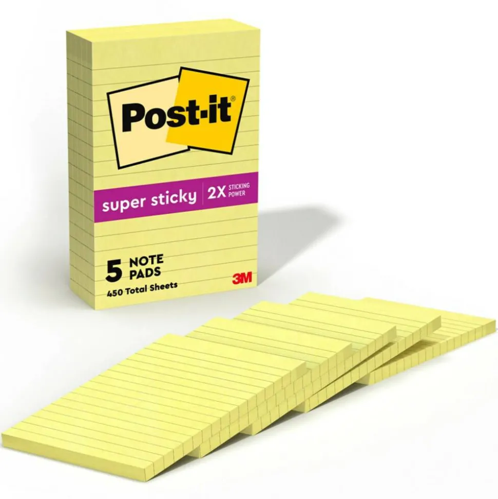 Post-it Super Sticky Notes, 4 x 6 in, 5 Lined Sticky Note Pads, 90 Sheets/Pad, 2X the Sticking Power, School and Office Supplies, Canary Yellow