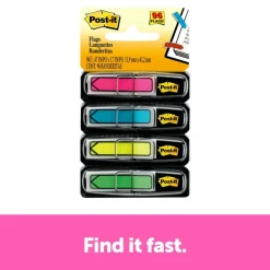 Post-it Flags, .5 in. x 1.7 in., 4 Dispensers, 24 Flags/Dispenser, Assorted Bright Colors, School Supplies for Students, Flags for Textbooks