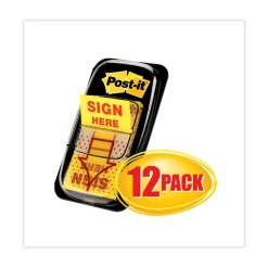 Post-it Flags, 1 in. x 1.7 in., 12 Dispensers, 50 Flags/Dispenser, Yellow, Printed "Sign Here", School Supplies for Students, Flags for Textbooks
