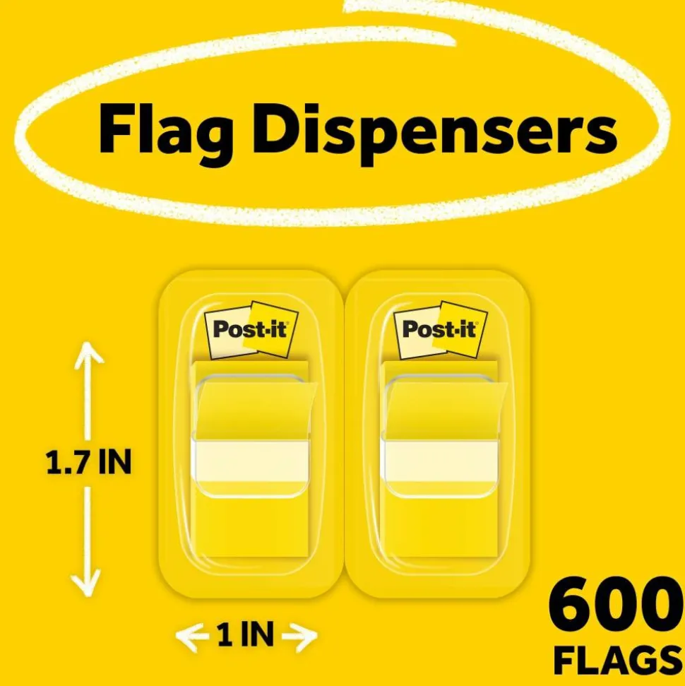 Post-it Flags, 1 in. x 1.7 in., 12 Dispensers, 50 Flags/Dispenser, Yellow, School Supplies for Students, Flags for Textbooks and Notebooks