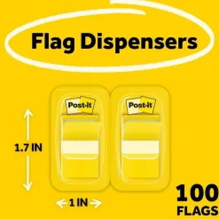 Post-it Flags, 1 in. x 1.7 in., 2 Dispensers, 50 Flags/Dispenser, Yellow, School Supplies for Students, Tabs for Textbooks and Notebooks