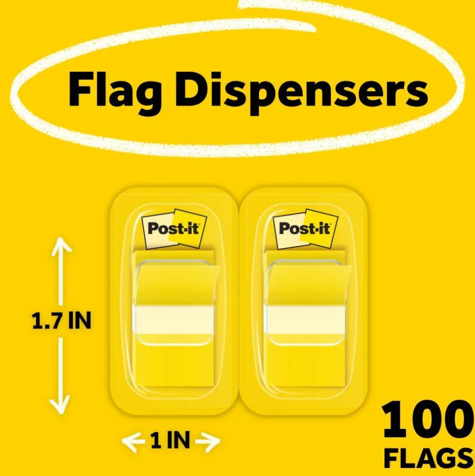 Post-it Flags, 1 in. x 1.7 in., 2 Dispensers, 50 Flags/Dispenser, Yellow, School Supplies for Students, Tabs for Textbooks and Notebooks