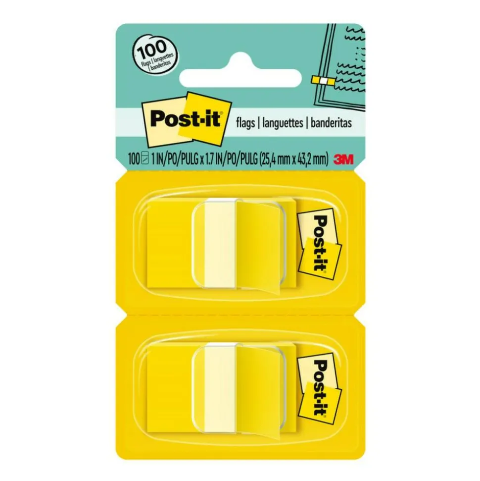 Post-it Flags, 1 in. x 1.7 in., 2 Dispensers, 50 Flags/Dispenser, Yellow, School Supplies for Students, Tabs for Textbooks and Notebooks
