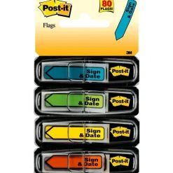 Post-it Flags, .47 in. x 1.7 in., 4 Dispensers, 20 Flags/Dispenser, Assorted Bright Colors, 