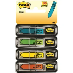 Post-it Flags, .47 in. x 1.7 in., 4 Dispensers, 20 Flags/Dispenser, Assorted Bright Colors, 