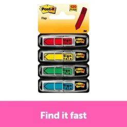 Post-it Flags, .47 in. x 1.7 in., 4 Dispensers, 30 Flags/Dispenser, Assorted Colors, Printed "Sign Here", School Supplies for Students