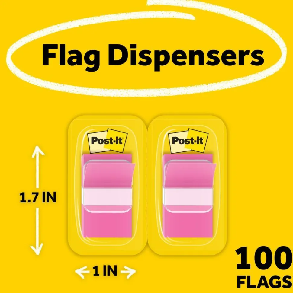 Post-it Flags, 1" x 1 -11/16", Bright Pink, 50 Flags Per Pad, Pack Of 2 Pads