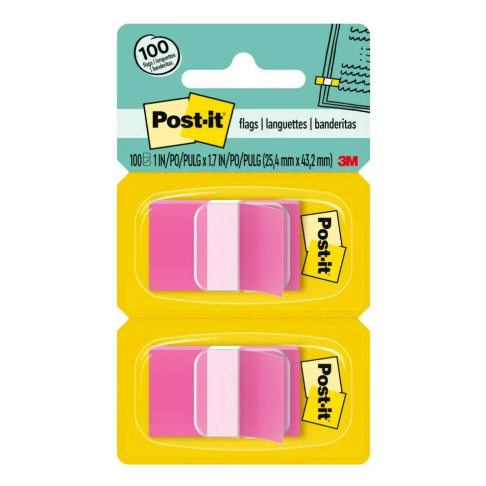 Post-it Flags, 1" x 1 -11/16", Bright Pink, 50 Flags Per Pad, Pack Of 2 Pads