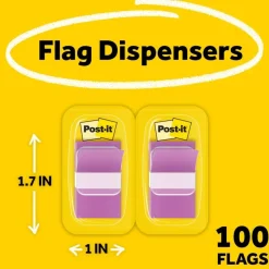 Post-it Flags, 1" x 1 -11/16", Purple, 50 Flags Per Pad, Pack Of 2 Pads