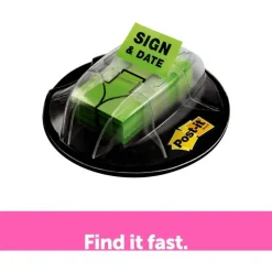 Post-it Message Flags in Desk Grip Dispenser, 1" x 1 -11/16", 1 Pack, 200 Flags/Pack, "Sign & Date", Bright Green